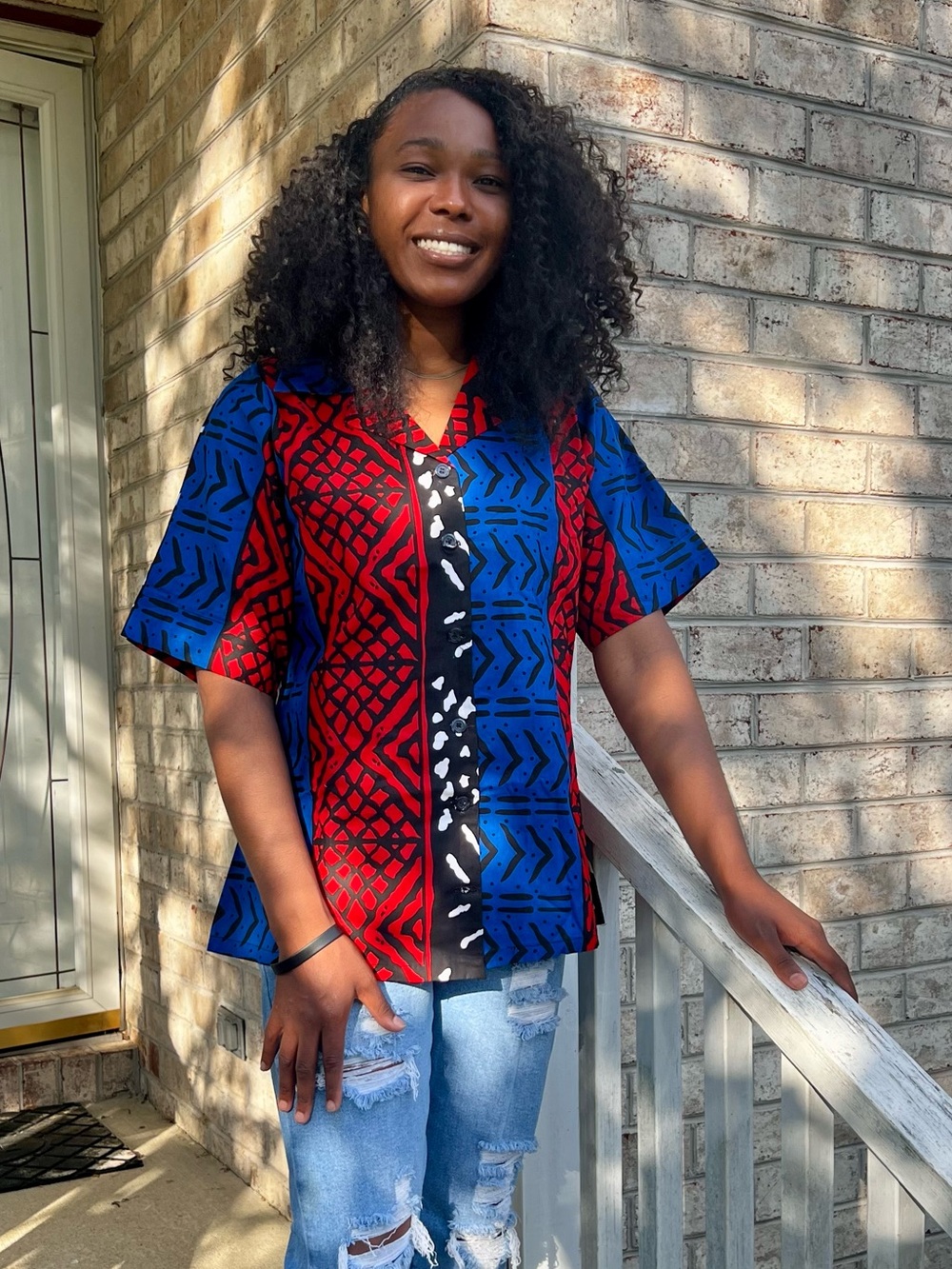 Womens African Ethnic Print Short-Sleeve Top in Red & Blue